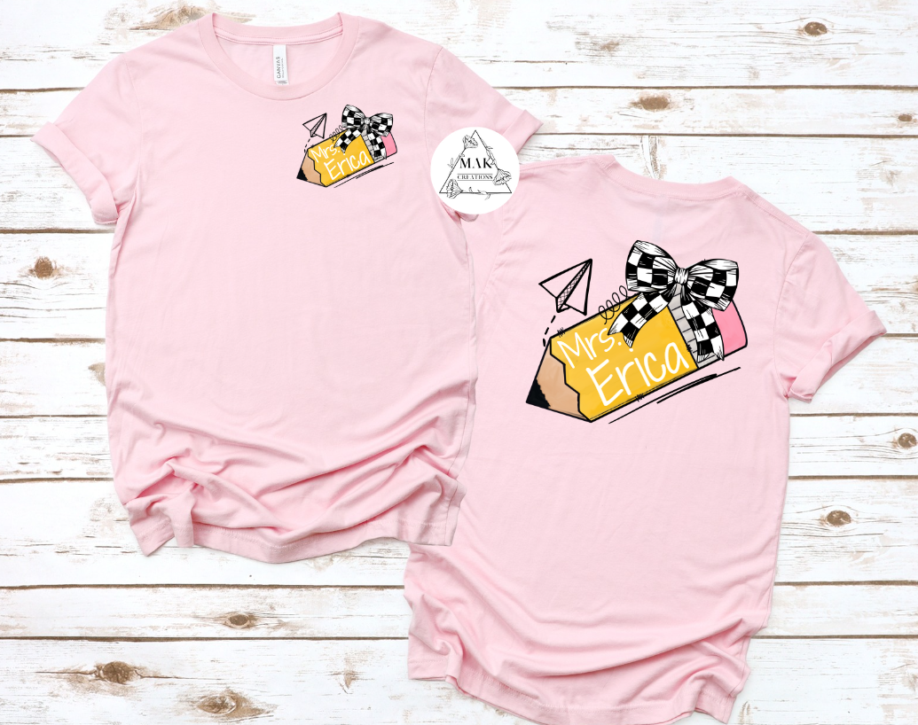 Personalized Pencil with Checkered Bow (Front & Back) (AVAILABLE IN ALL SIZES)