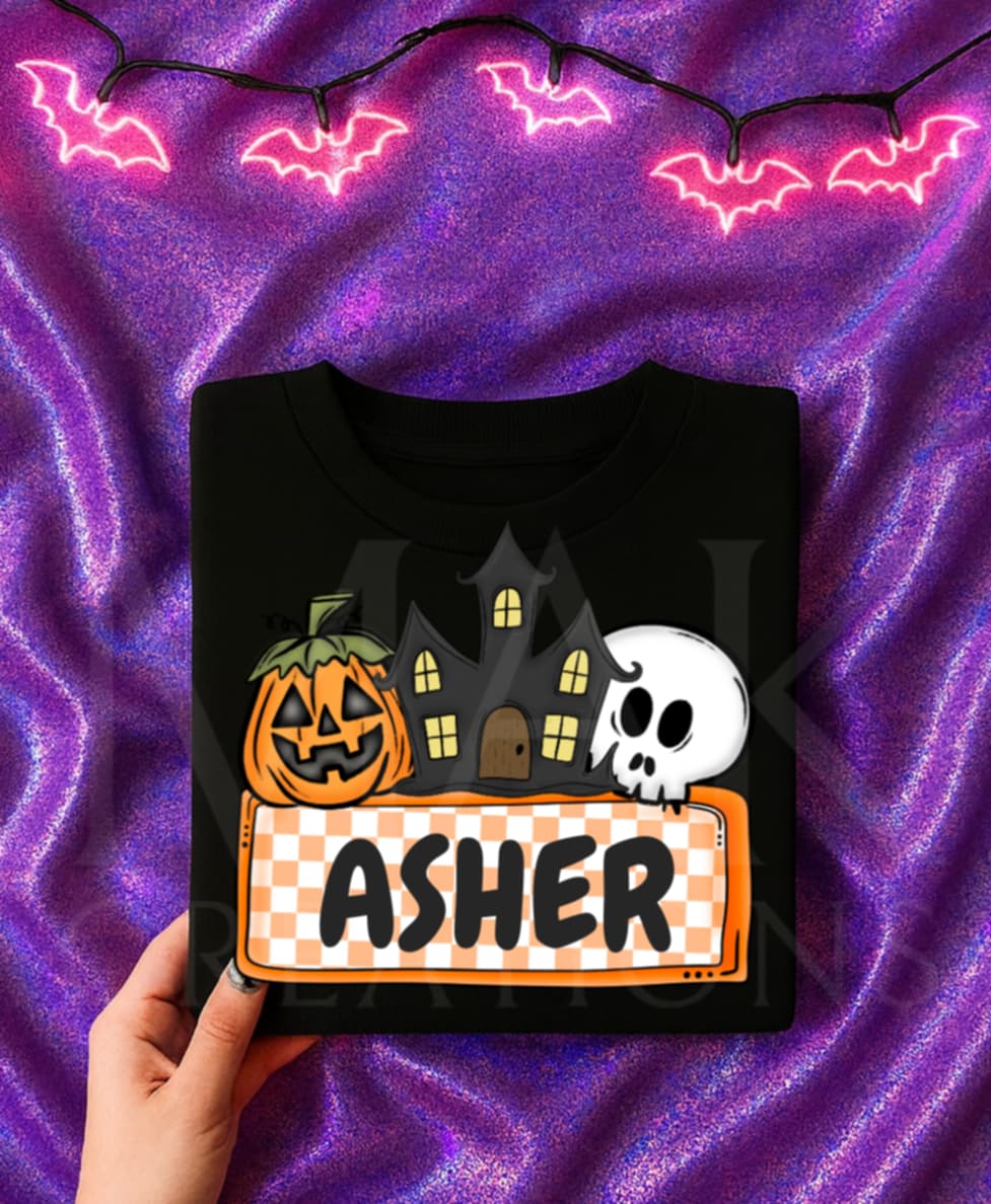 Jack-O-Lantern, Haunted House, Skull (orange) (Personalized)