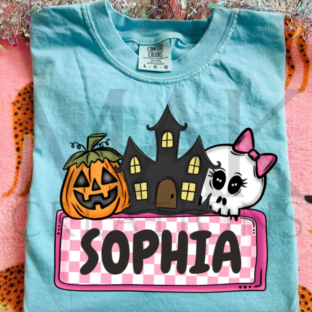 Jack-O-Lantern, Haunted House, Skull with Bow (pink) (Personalized)