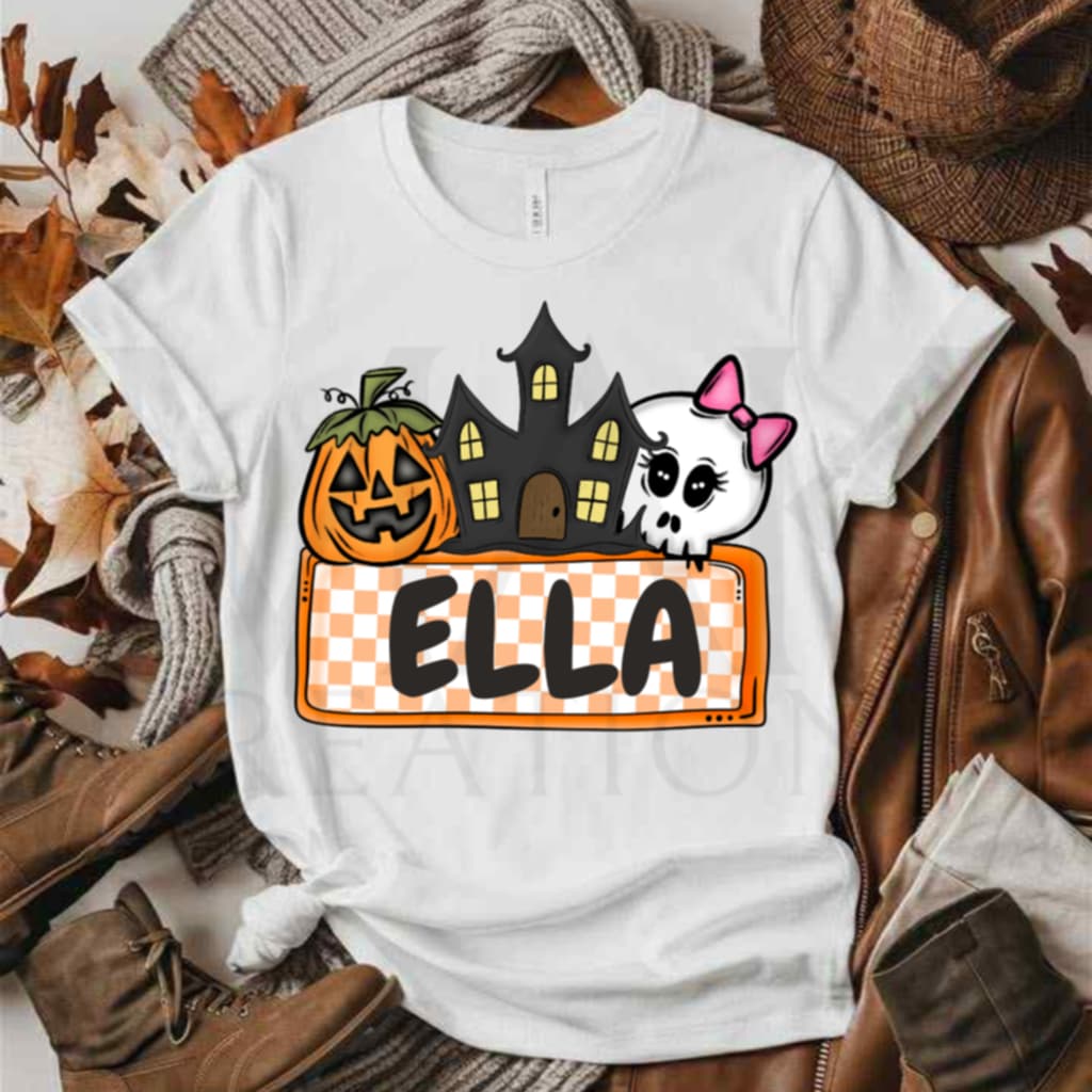 Jack-O-Lantern, Haunted House, Skull with Bow (orange) (Personalized)