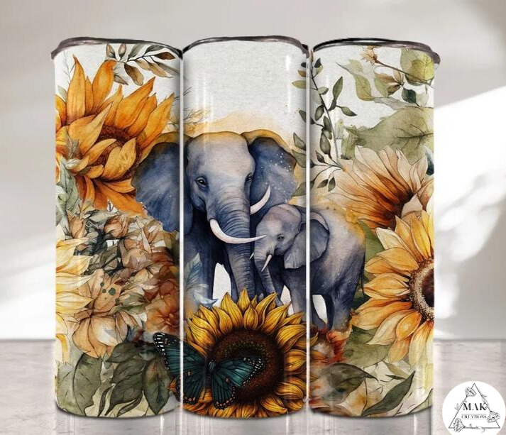 20 oz Skinny Tumbler Elephants with Sunflowers