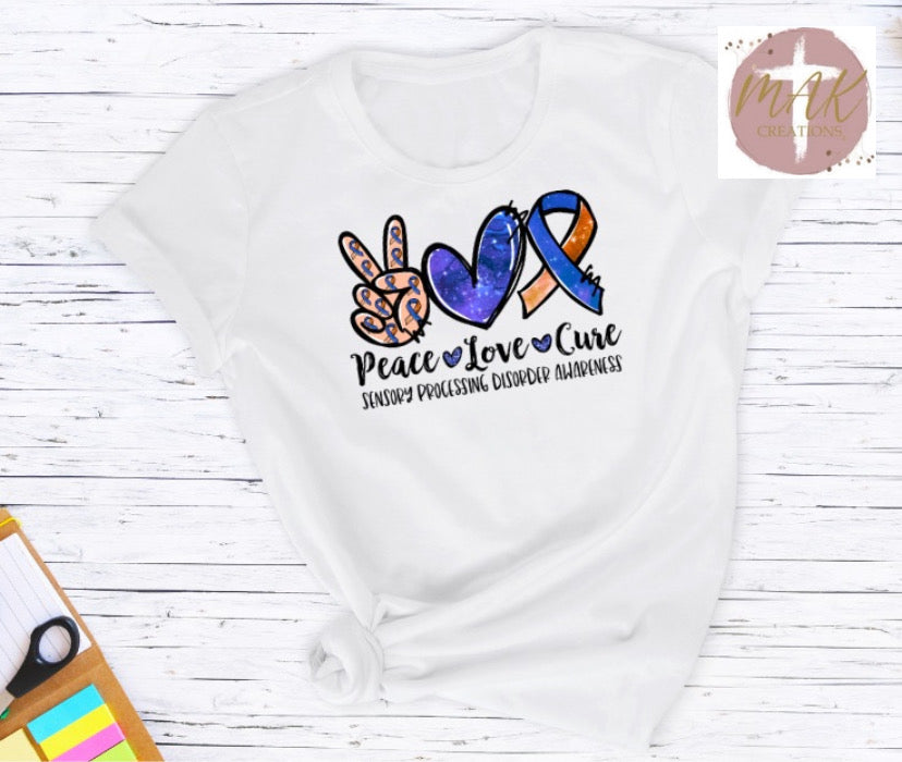 Peace Love Cure Sensory Processing Disorder Awareness (AVAILABLE IN ALL SIZES)