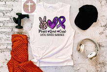 Load image into Gallery viewer, Peace Love Cure Cystic Fibrosis Awareness (AVAILABLE IN ALL SIZES)
