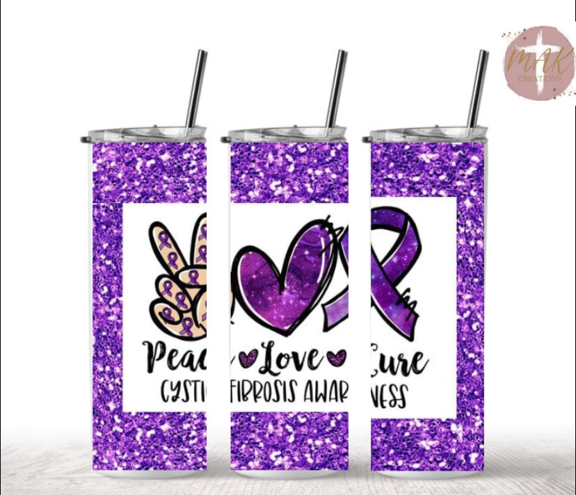 20 oz Skinny Tumbler Peace Love Cure Cystic Fibrosis