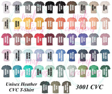 Load image into Gallery viewer, Adult Bella Canvas Heather T-Shirt Color &amp; Size Chart
