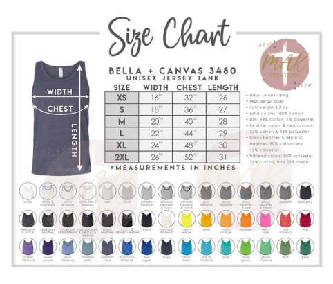 Bella Canvas UNISEX Tank Color & Size Chart