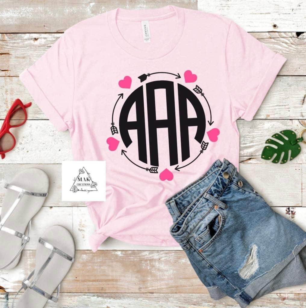 Personalized Monogram Hearts and Arrows Circle (Pink)