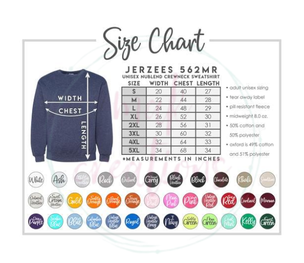 Adult Jerzees Crewneck Color & Size Chart