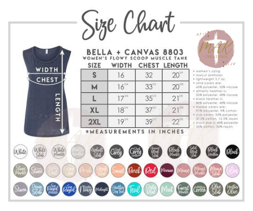 Bella Canvas MUSCLE Tank Color & Size Chart
