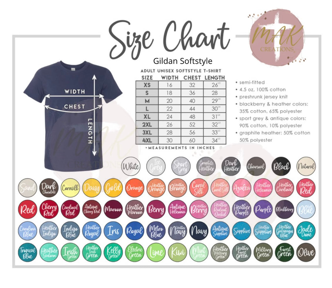 Adult Gildan Softstyle T-Shirt Color & Size Chart