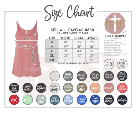 Bella Canvas SLOUCHY Tank Color & Size Chart