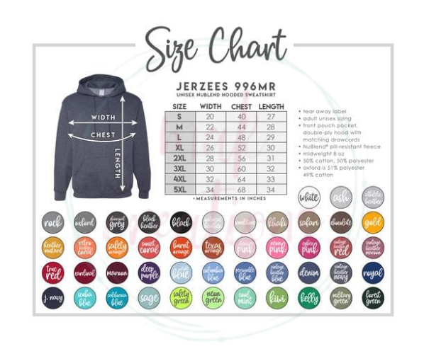 Adult Jerzees Hoodie Color & Size Chart