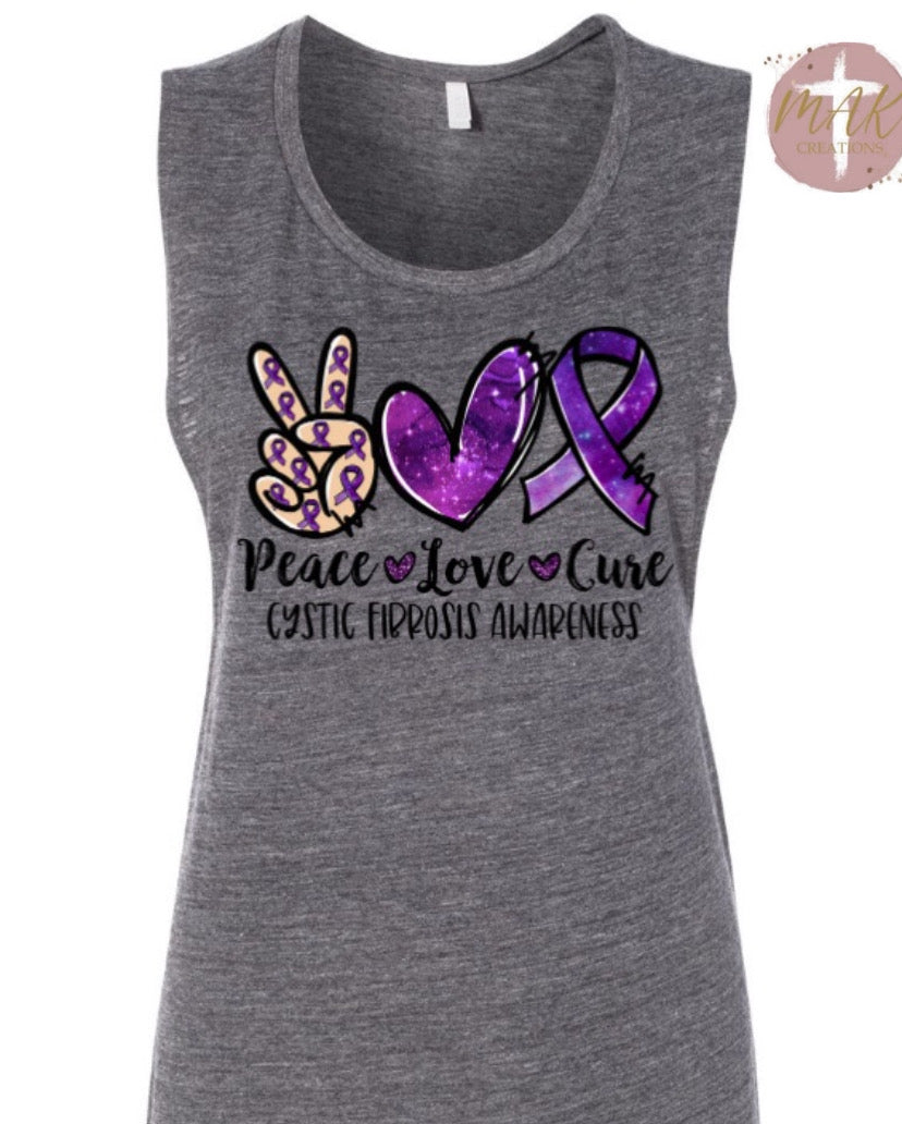 Peace Love Cure Cystic Fibrosis Awareness (AVAILABLE IN ALL SIZES)