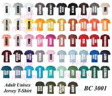 Load image into Gallery viewer, Adult Bella Canvas T-Shirt Color &amp; Size Chart
