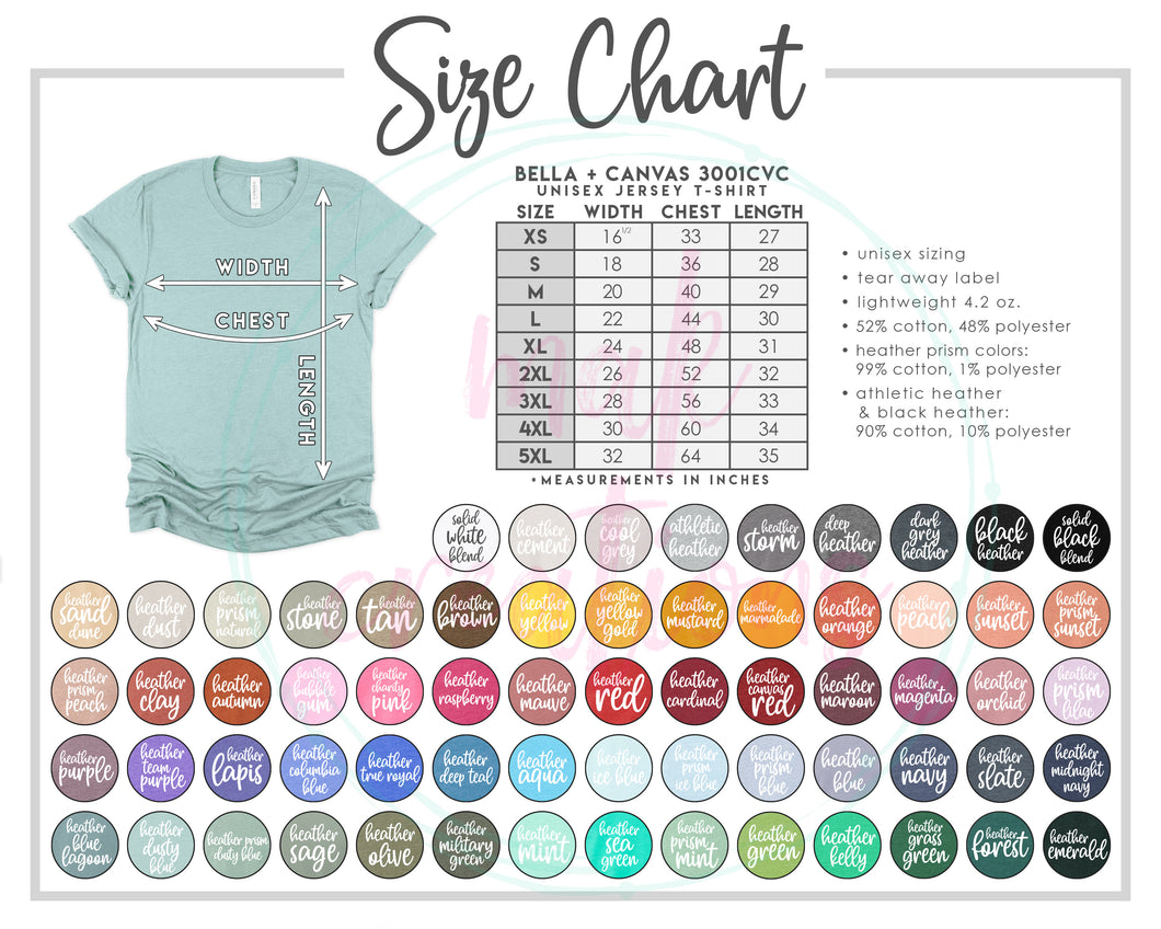 Adult Bella Canvas Heather T-Shirt Color & Size Chart