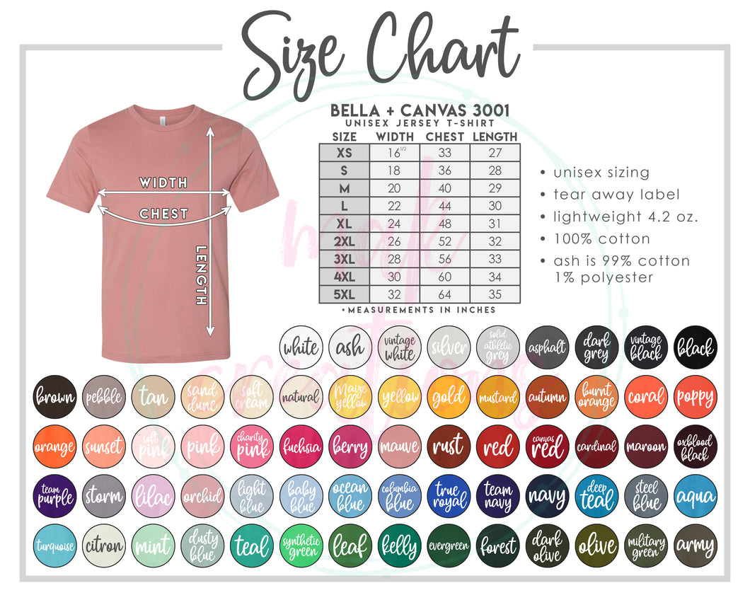 Adult Bella Canvas T-Shirt Color & Size Chart