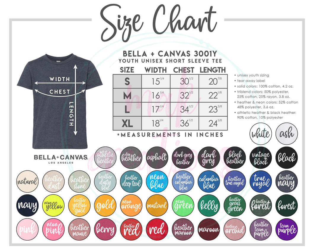 Youth T-Shirt Color & Size Chart