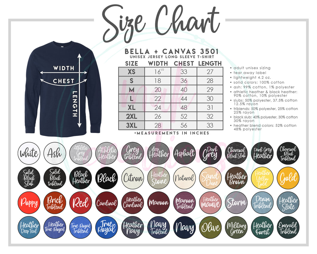 Adult Bella Canvas Long Sleeve Color & Size Chart