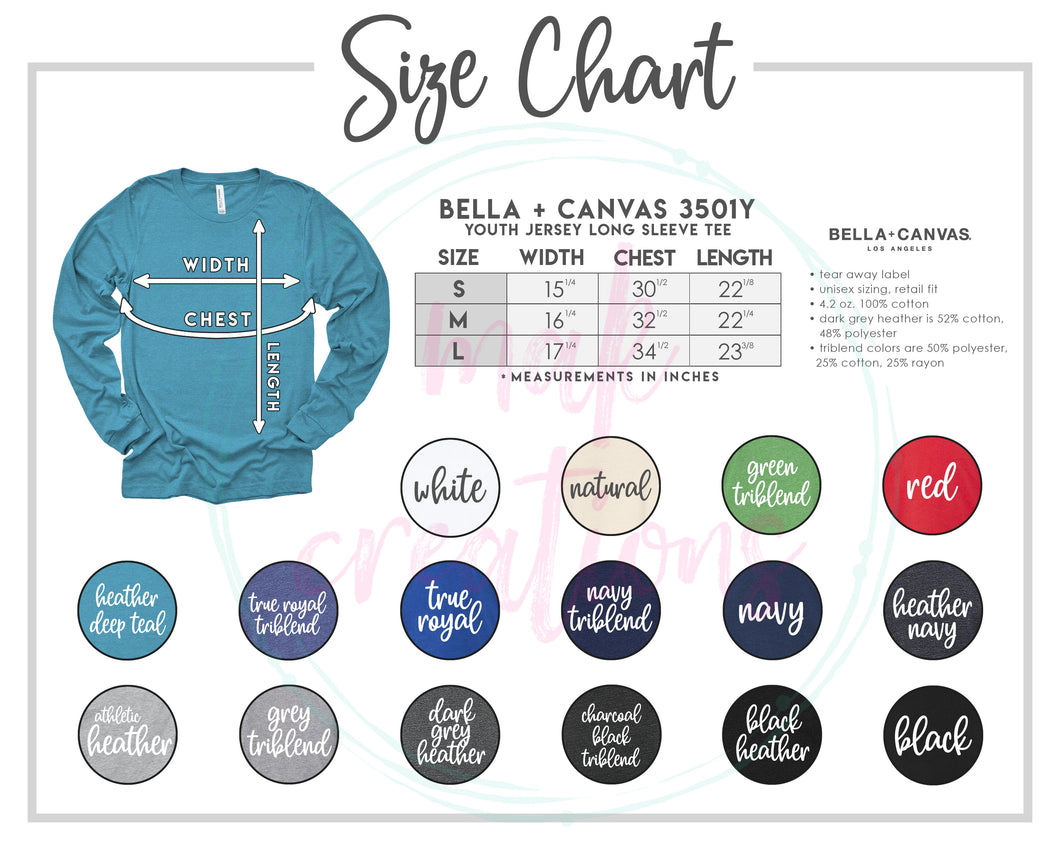 Youth Long Sleeve Color & Size Chart