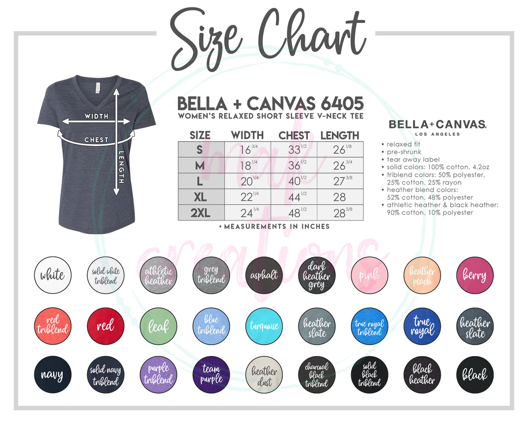 Adult Bella Canvas RELAXED FIT V-Neck Color & Size Chart