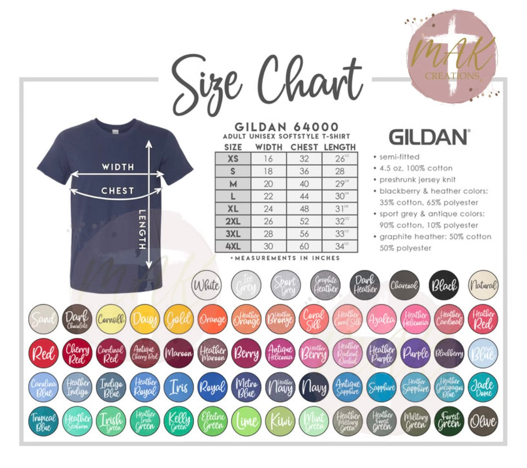 Adult Gildan T-Shirt Color & Size Chart