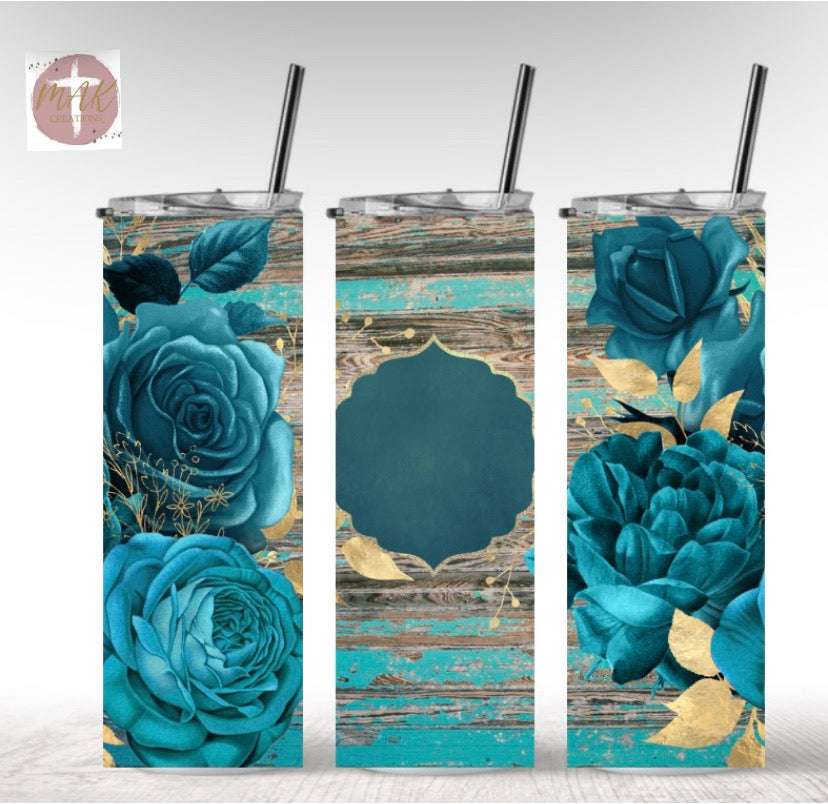 Teal Floral and Wood (20 oz Skinny Tumbler)