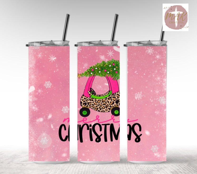 Merry Christmas Pink Car (20 oz Skinny Tumbler)