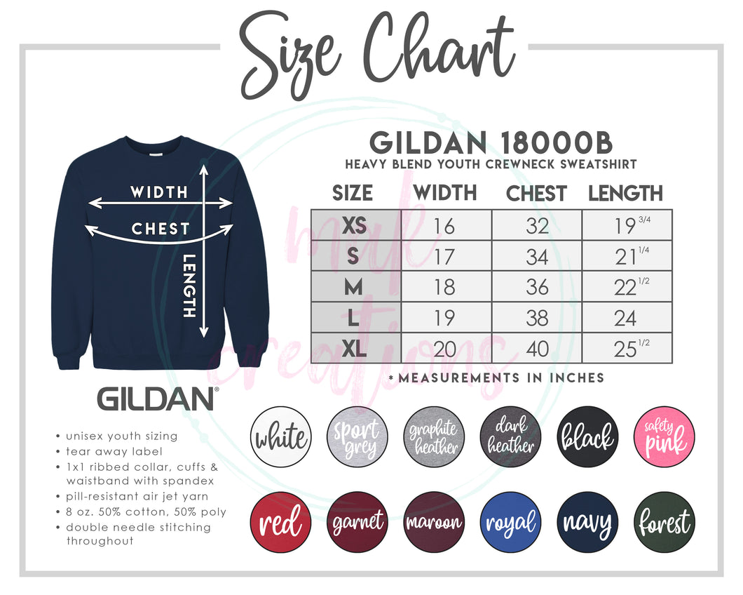 Youth Crewneck Color & Size Chart