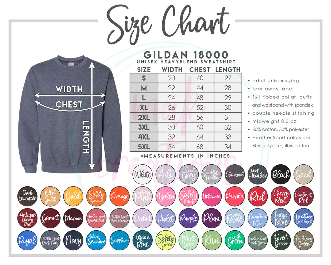 Adult GILDAN Crewneck Color & Size Chart