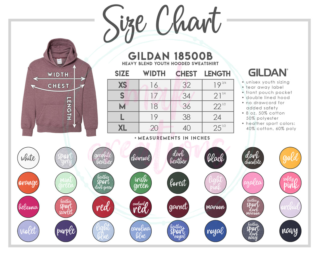 Youth Hoodie Color & Size Chart