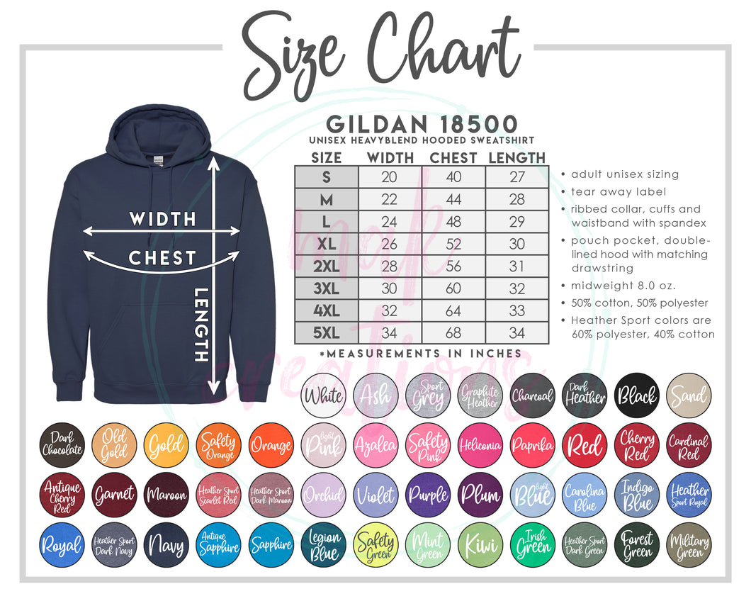 Adult GILDAN Hoodie Color & Size Chart