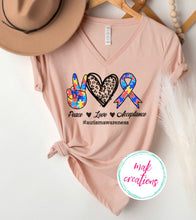 Load image into Gallery viewer, Peace Love Acceptance Autism Awareness (AVAILABLE IN ALL SIZES)
