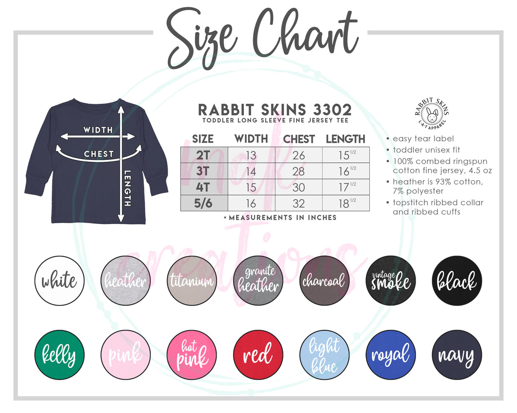 Toddler Long Sleeve Color & Size Chart