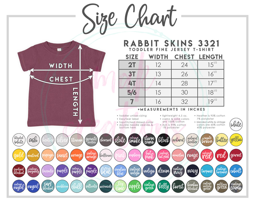 Toddler T-Shirt Color & Size Chart