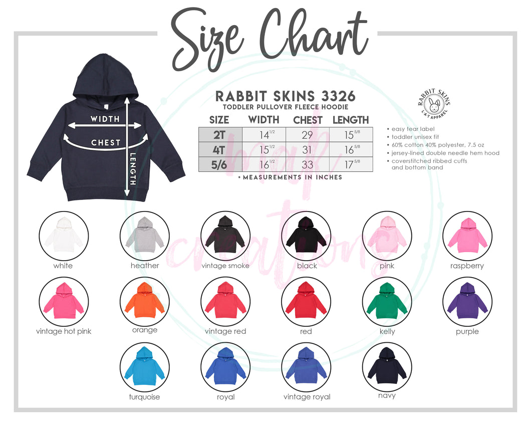 Toddler Hoodie Color & Size Chart
