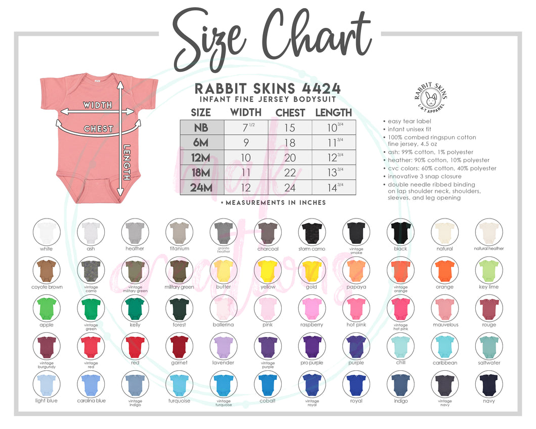 Infant Bodysuit Color & Size Chart